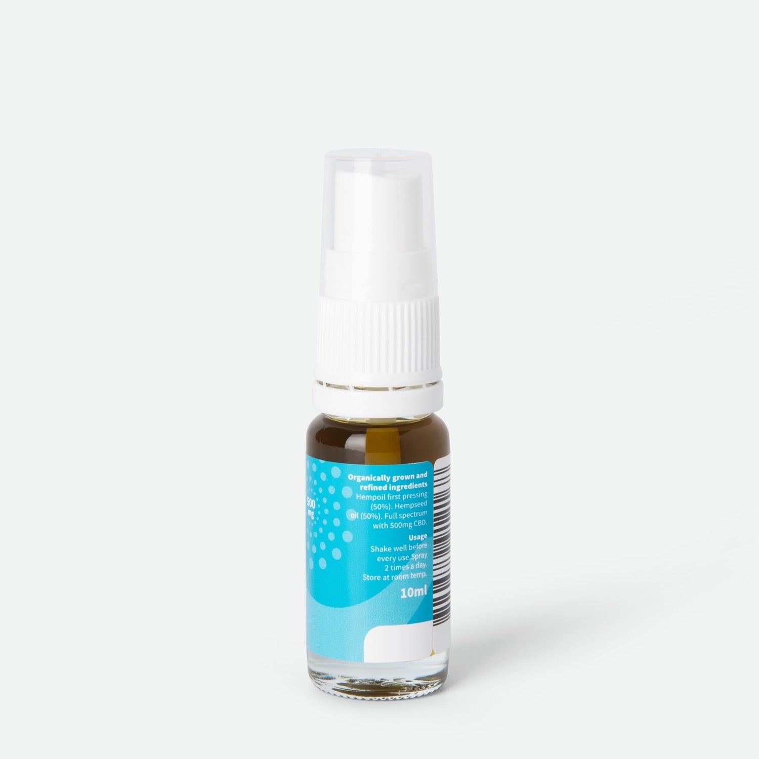 Achteraanzicht van een transparante fles met witte spraykop. Blauw etiket met tekst en barcode.