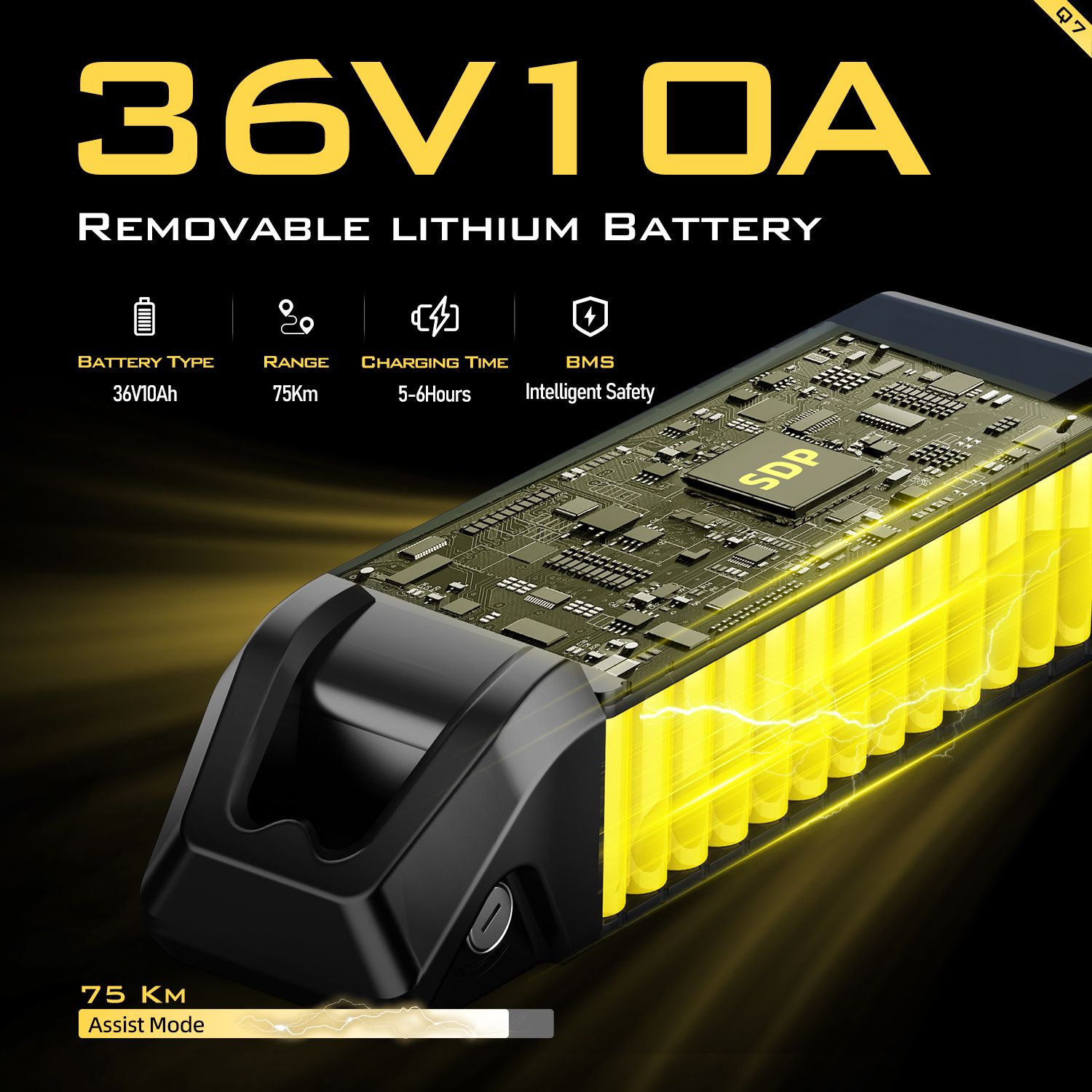 Batterie 36V 10Ah amovible. Informations sur l'autonomie, le temps de charge et BMS. Cellules jaunes visibles.
