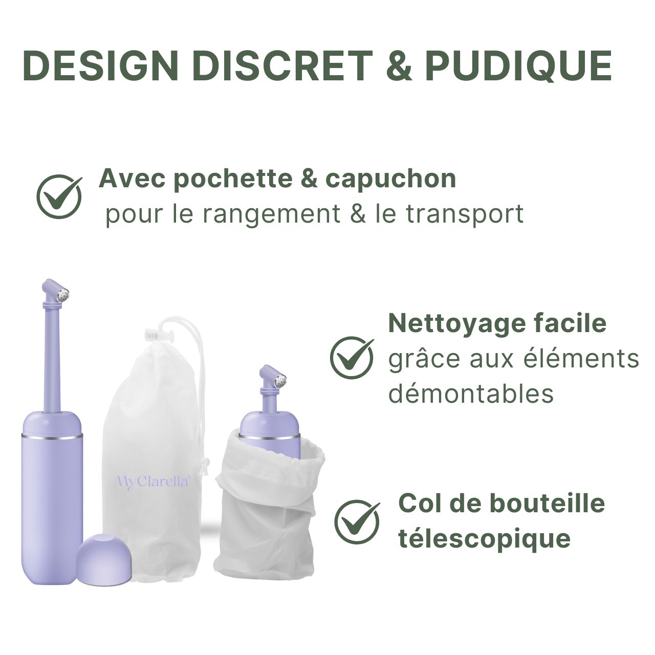 Douche intime violette avec accessoires. Texte: Design discret et pudique. Avec pochette & capuchon, nettoyage facile, col de bouteille télescopique.