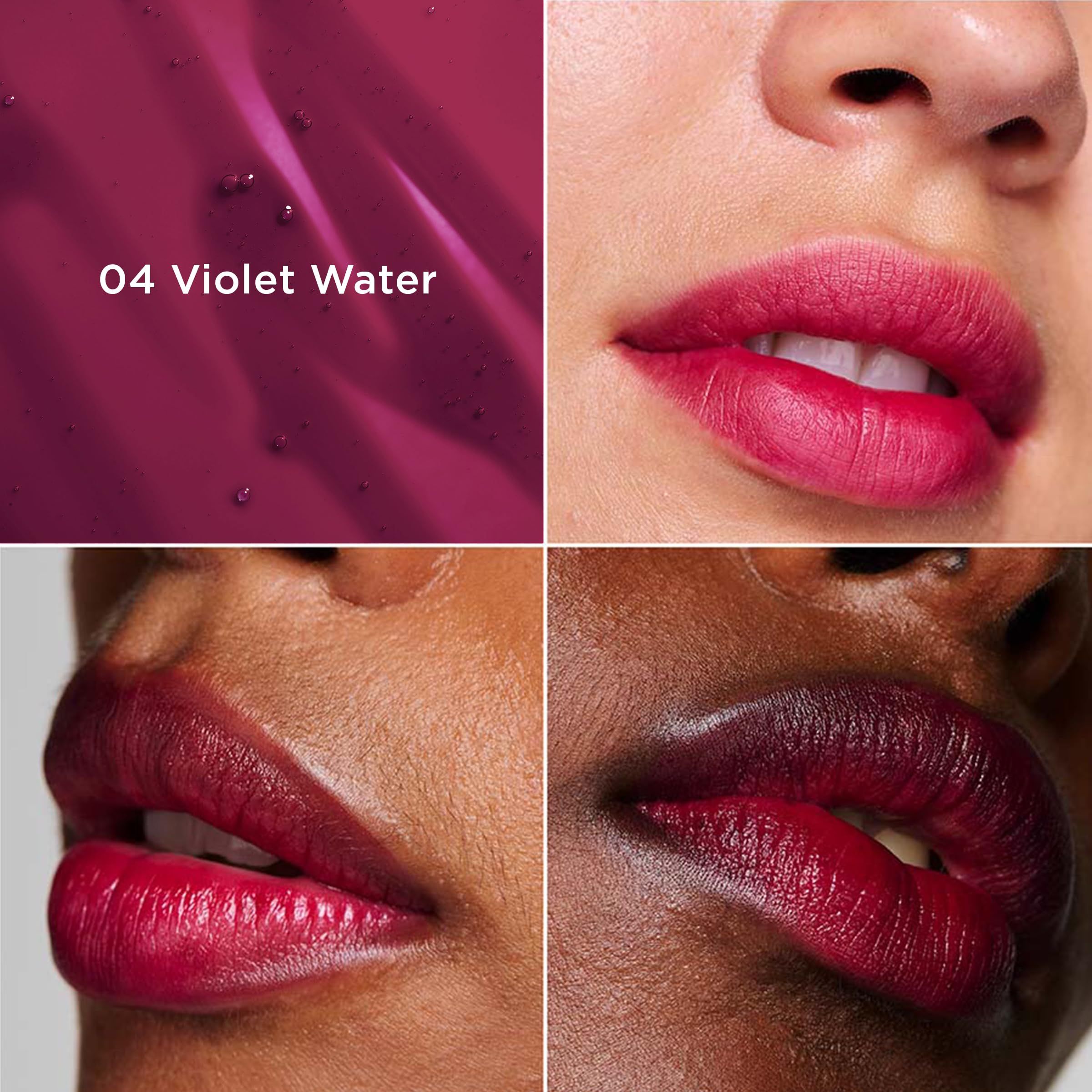 Vier lipweergaven. Linksboven: productnaam en tint 04 Violet Water. Lippen in verschillende rode tinten.
