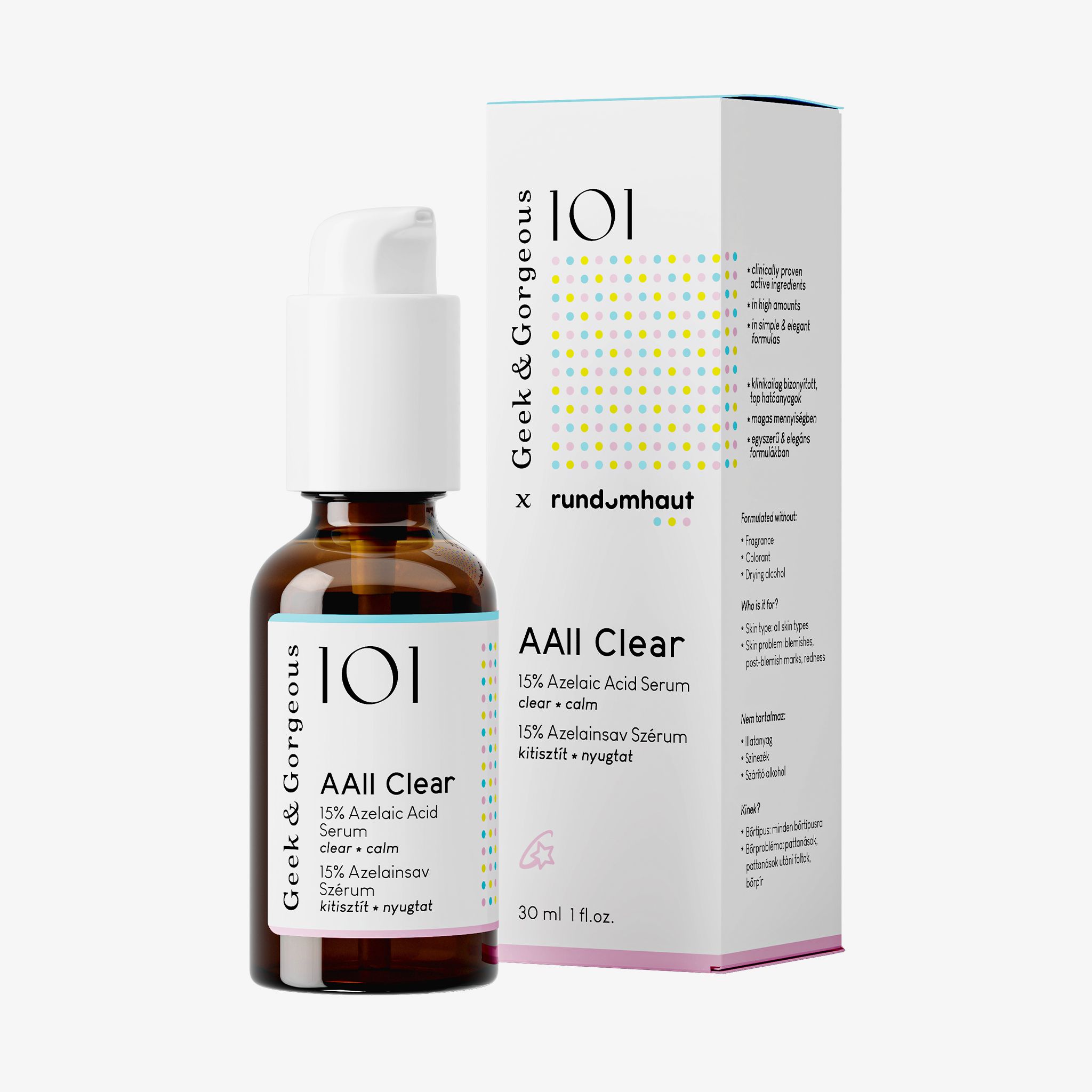 Bruine glazen fles met witte pompdispenser, 30 ml. Etiket "101 AAll Clear 15% Azelaic Acid Serum". Kartonnen doos ernaast.
