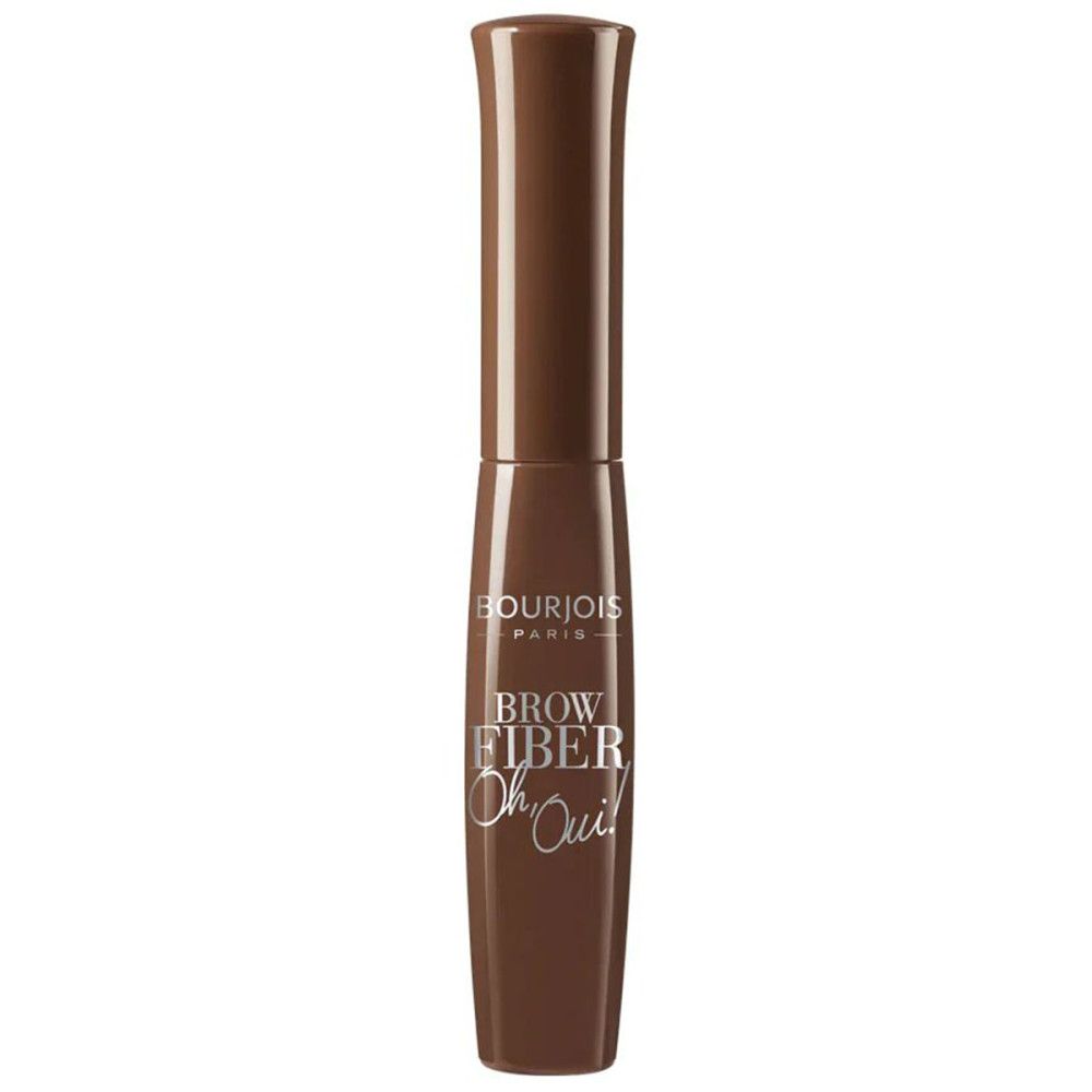 Bruine wenkbrauwmascara. Opschrift: BROW FIBER Oh Oui! van Bourjois Paris.