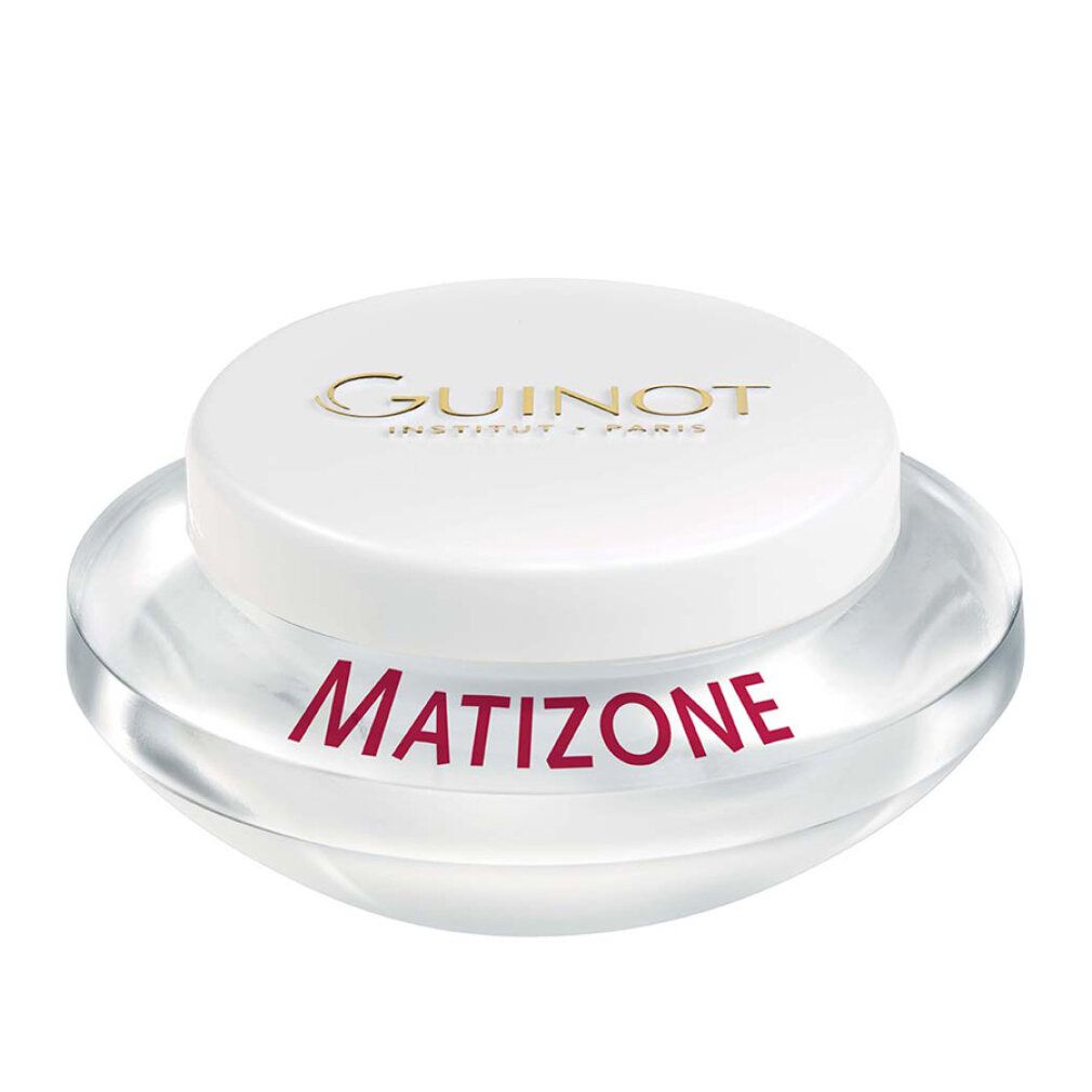 Witte pot met deksel. "GUINOT" op de deksel. "Matizone" op de pot.