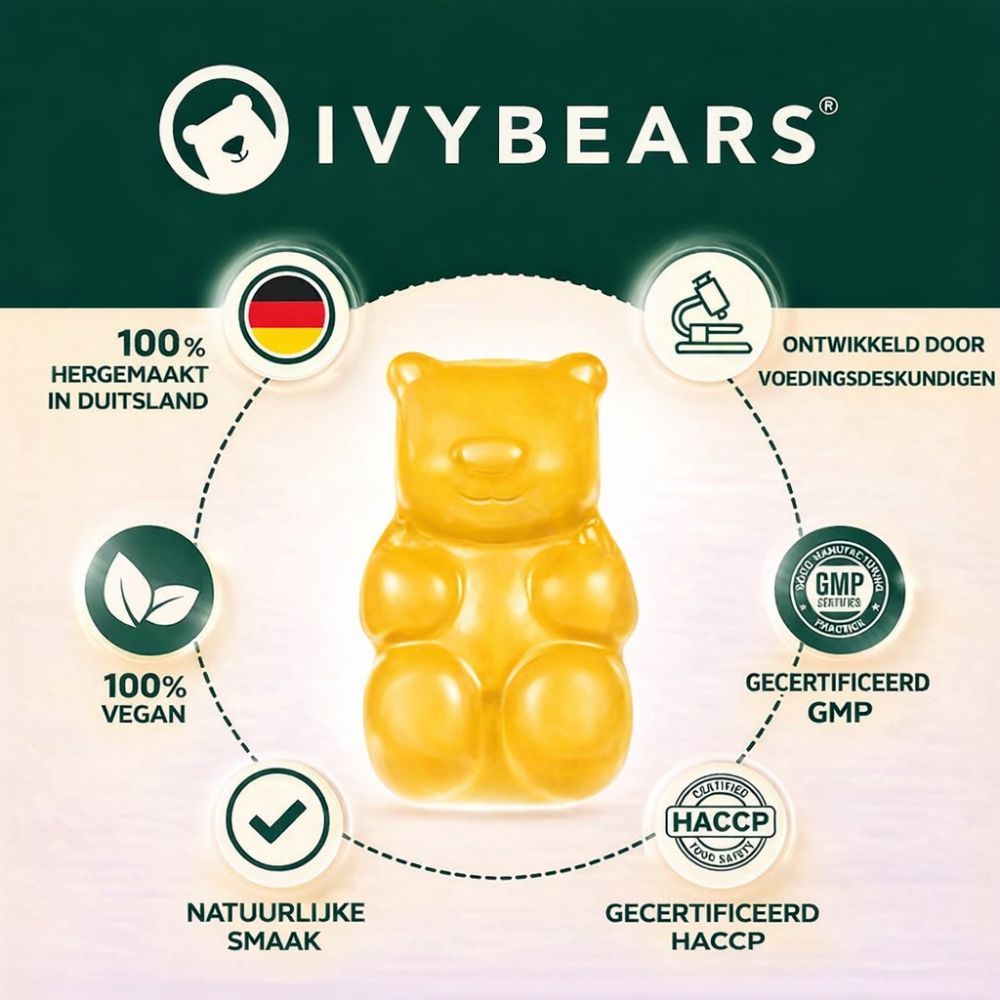 Gele gummybeer. Cirkelvormige opstelling met logo's: IVYBEARS, 100% Gemaakt in Duitsland, 100% Vegan, GMP gecertificeerd, HACCP gecertificeerd.