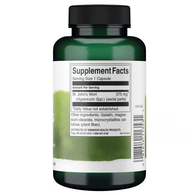 Arrière de la gélule verte : Supplement Facts, St. John's Wort 375 mg, 120 gélules.