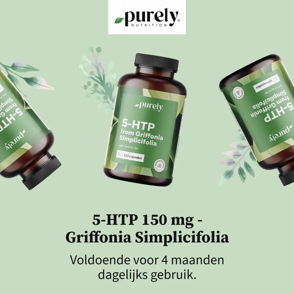 Flessen met groen etiket. Opschrift: 5-HTP from Griffonia Simplicifolia, 120 capsules. Tekst: 5-HTP 150 mg.