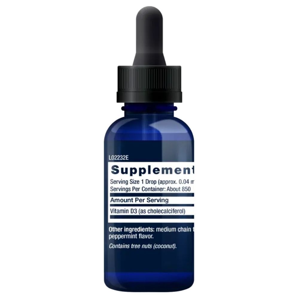 Arrière d'un flacon en verre bleu avec compte-gouttes, avec informations nutritionnelles pour Life Extension Liquid Vitamin D3.