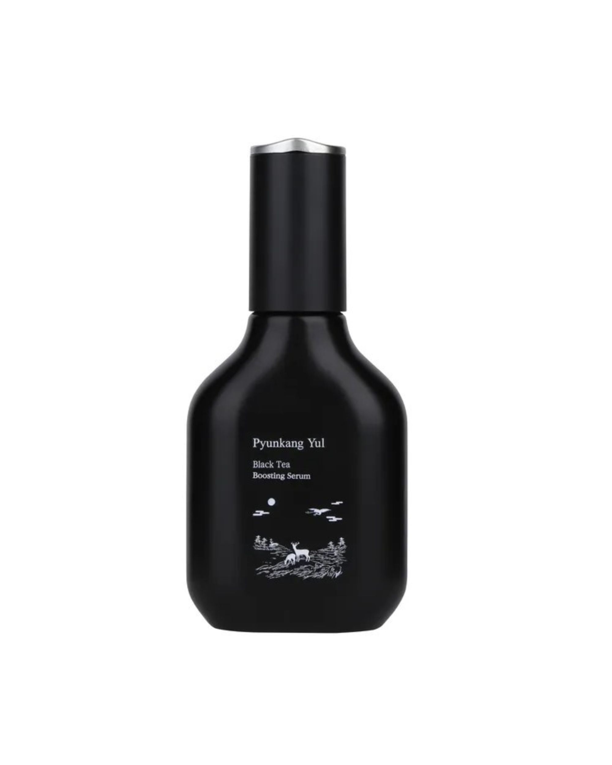 Flacon noir avec bouchon noir. Inscription : Pyunkang Yul Black Tea Boosting Serum. Illustration de paysage.