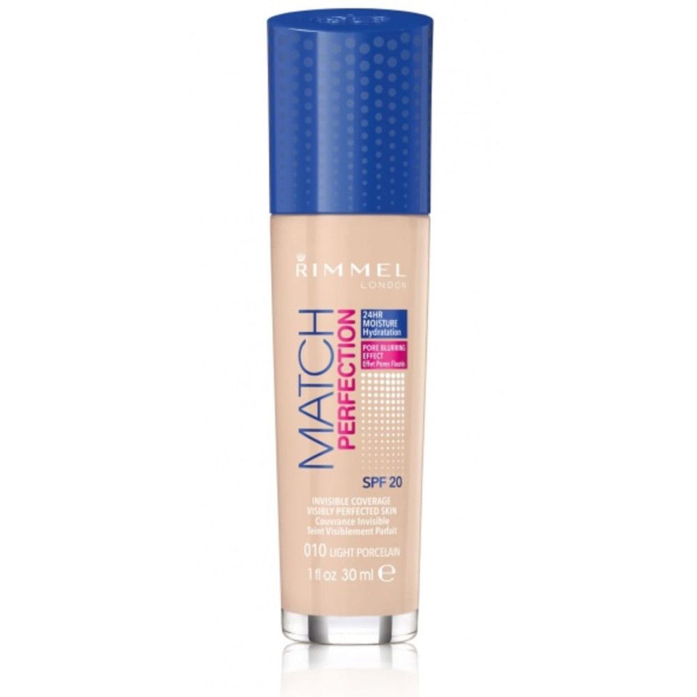 Rimmel Match Perfection Foundation. Flacon avec bouchon bleu. Texte: SPF 20, 010 Light Porcelain. Informations produit.