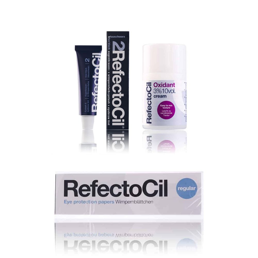 Set van RefectoCil producten. Bevat wimperverf, oxidant crème en wimperblaadjes. Alle producten zijn in hun verpakking.