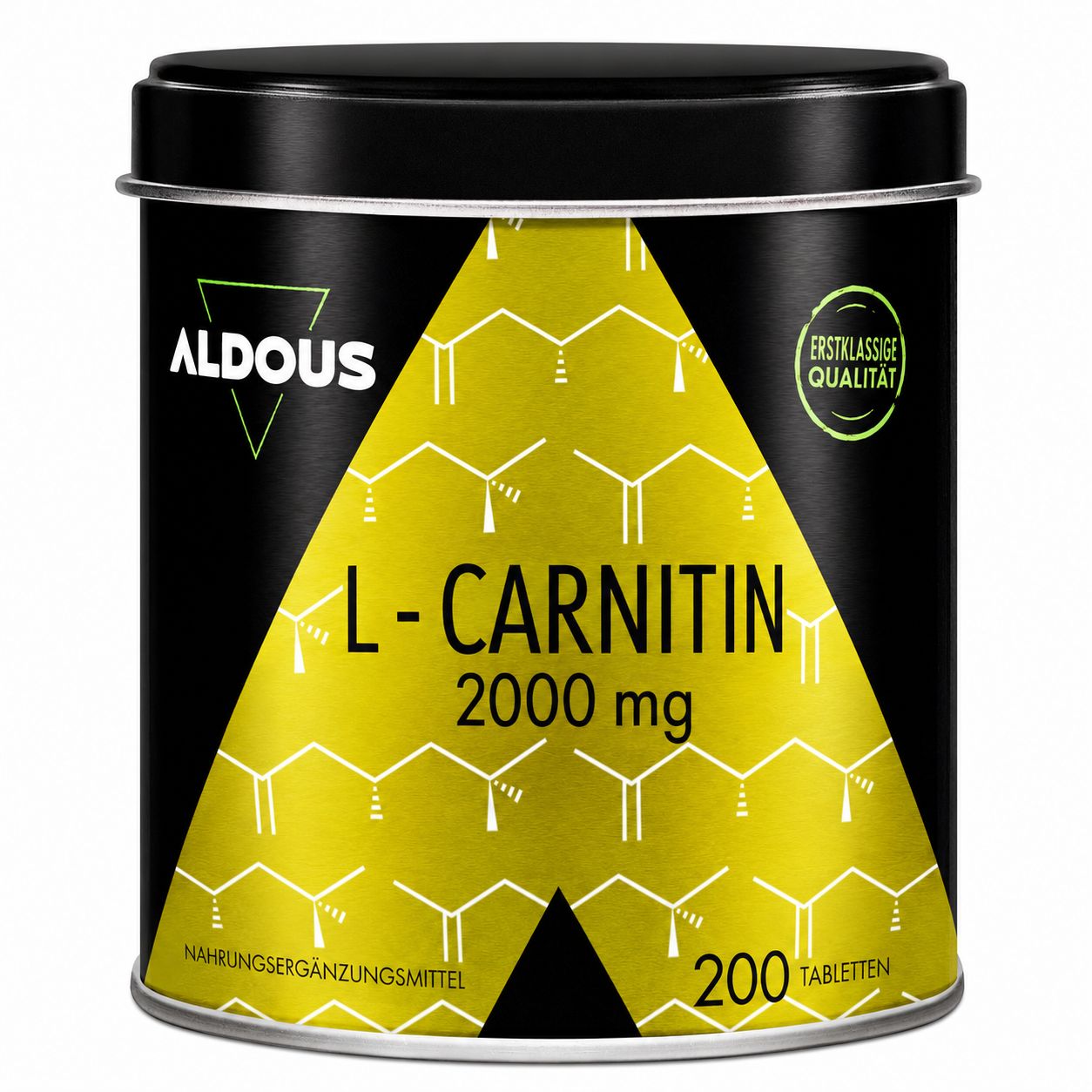 Boîte Aldous L-Carnitine : Noire avec triangle jaune, structure moléculaire. 200 comprimés, 2000 mg. Qualité supérieure.