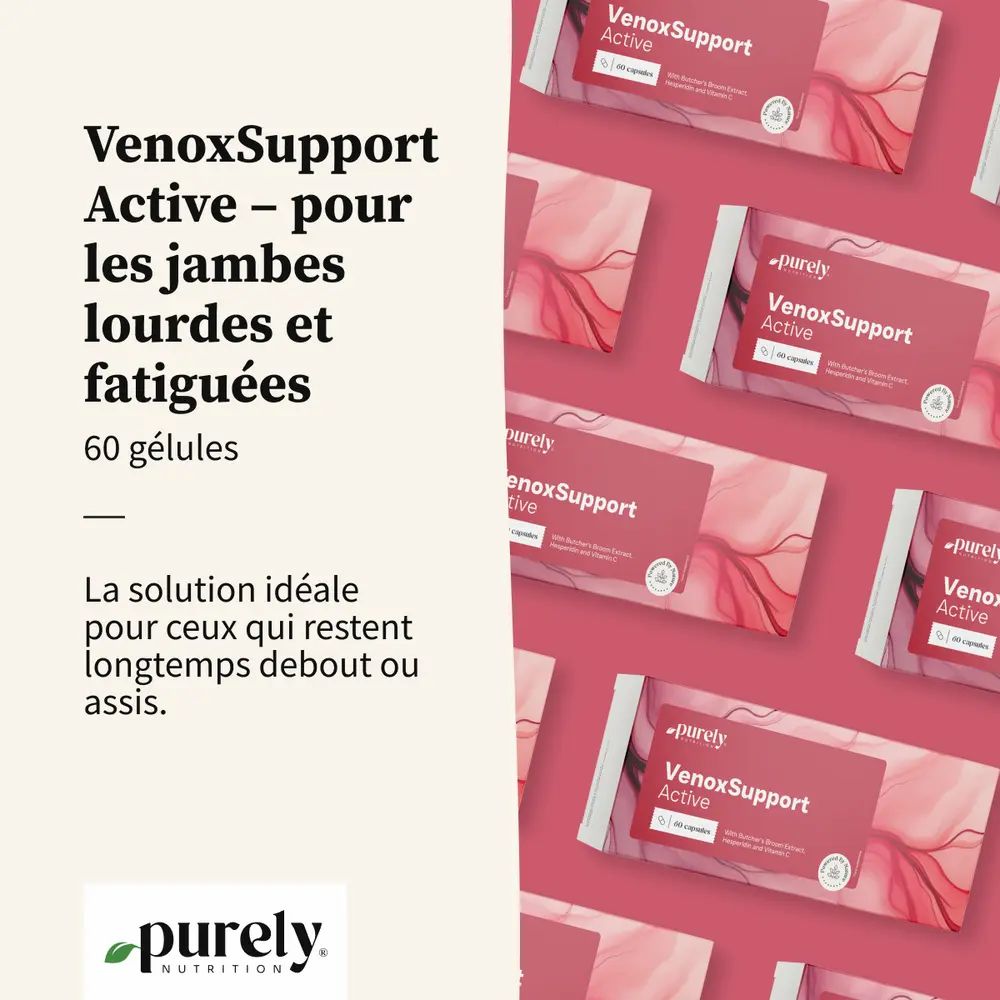 Plusieurs paquets de VenoxSupport Active. Texte: VenoxSupport Active - pour les jambes lourdes et fatiguées. 60 gélules.