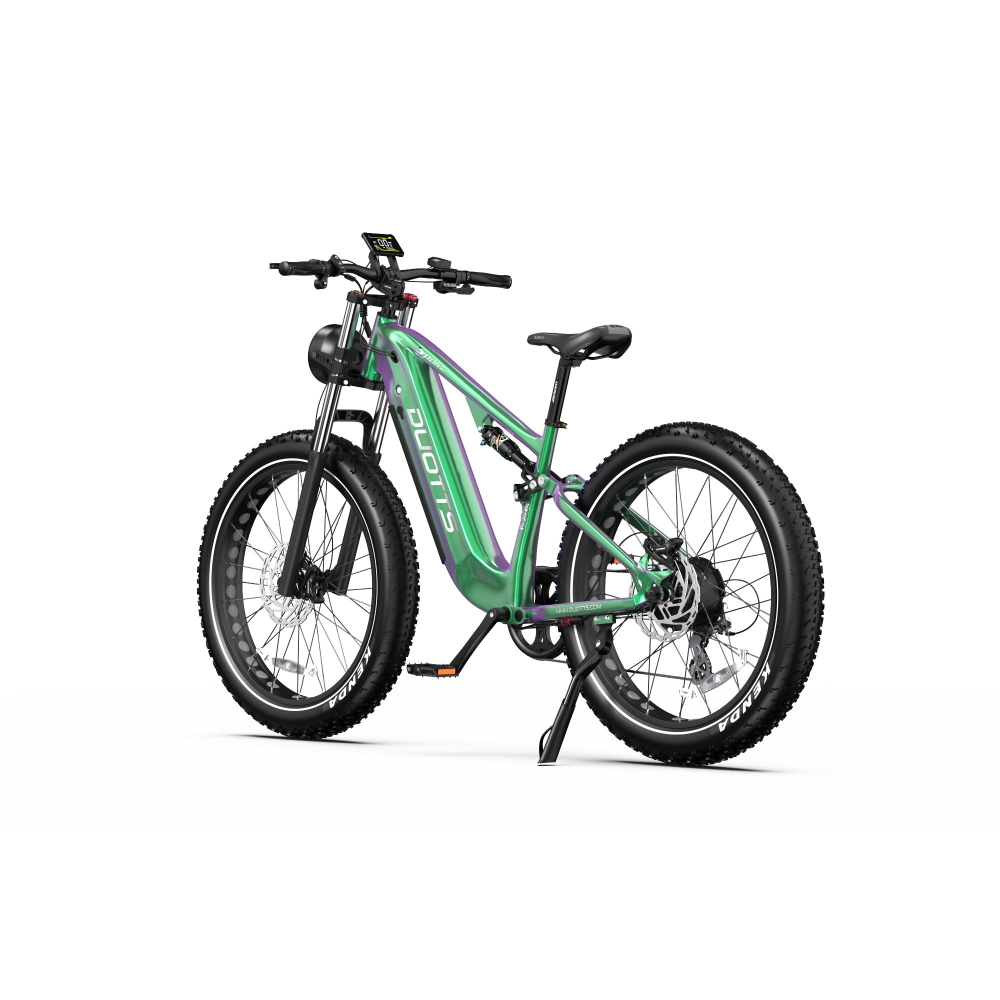 Vélo électrique vert. Pneus noirs KENDA. Logo DUOTTS sur le cadre. Béquille.