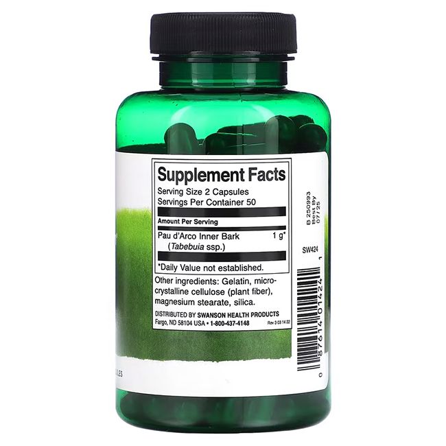 Dos d'un flacon vert. Étiquette avec informations nutritionnelles. Contient Pau d'Arco, 1g par portion.