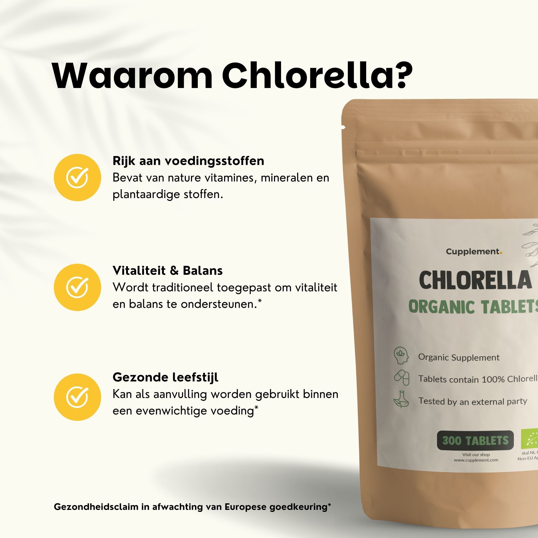 Zakje met Chlorella Organic Tablets. Tekst: Waarom Chlorella?, rijk aan voedingsstoffen, vitaliteit & balans, gezonde levensstijl.