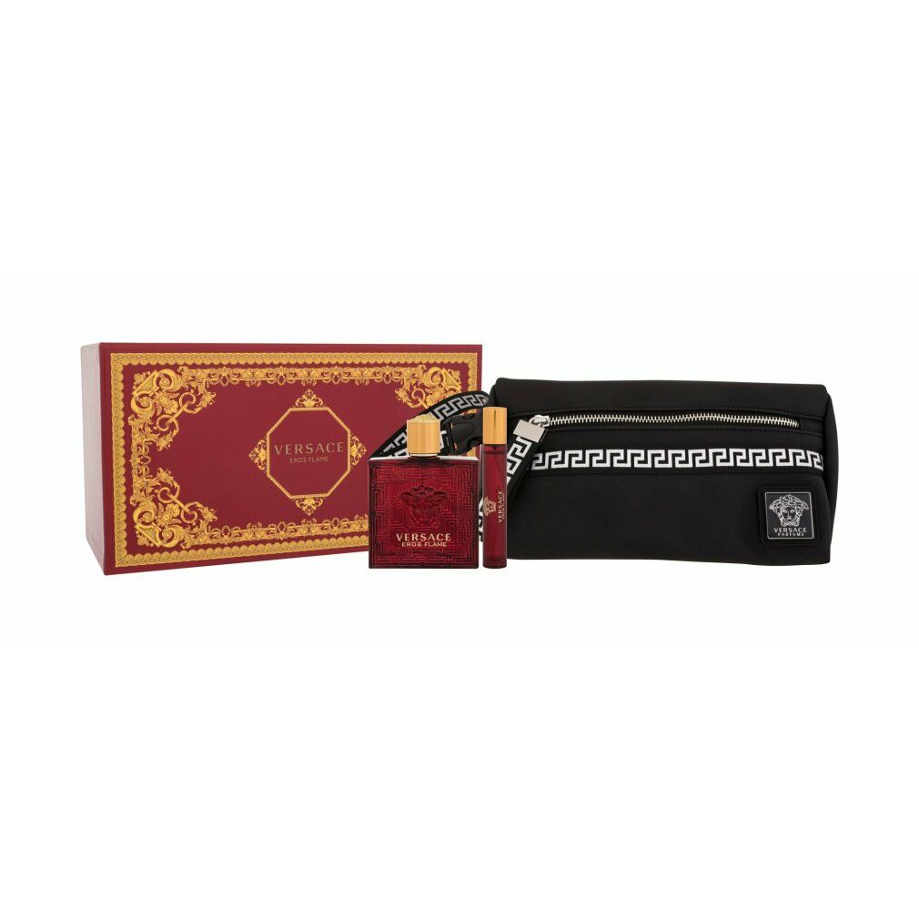 Geschenkdoos, toilettas, fles en roller. Tekst: Versace Eros Flame. Zwarte tas.