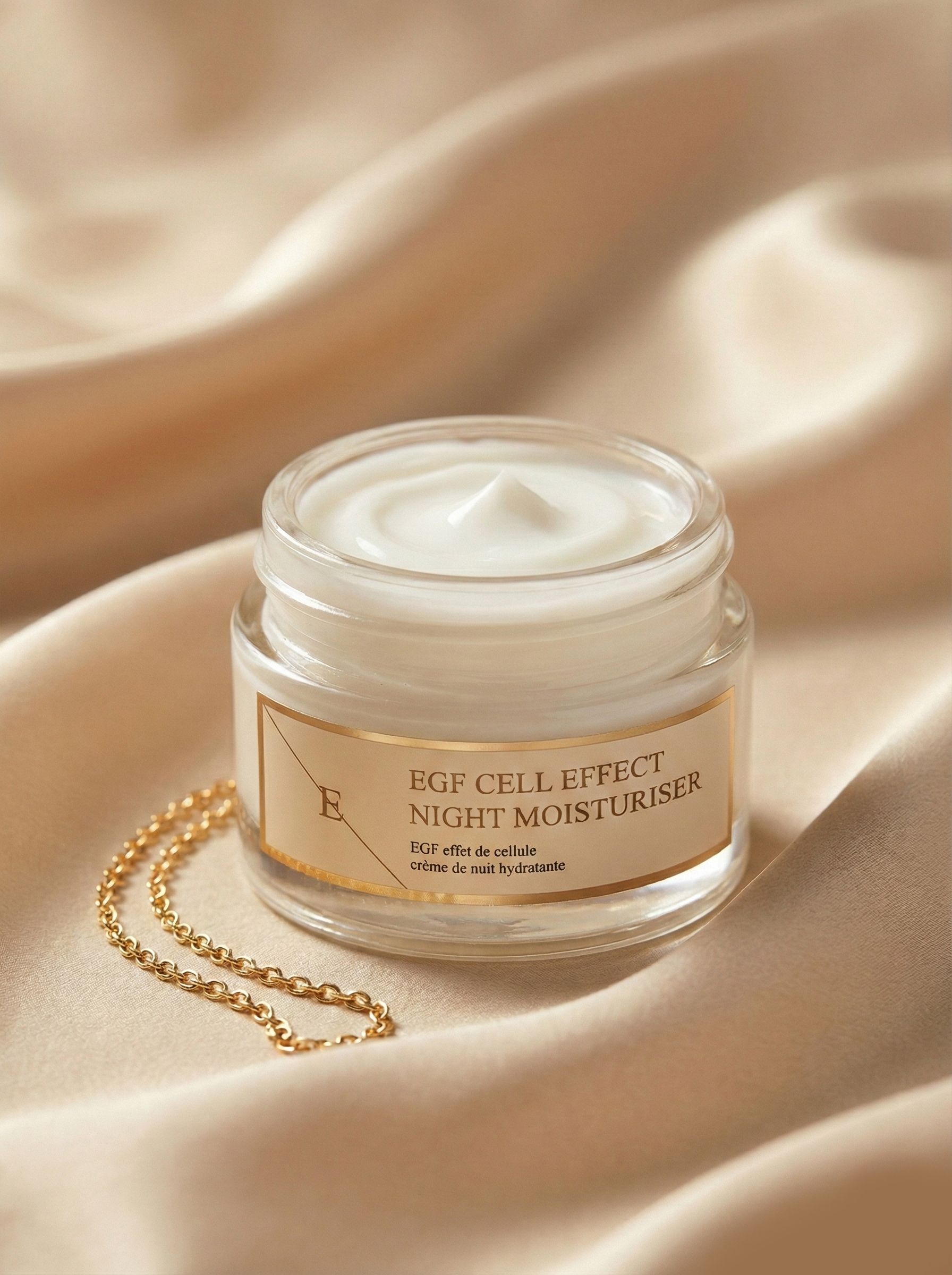 Crème de nuit hydratante EGF Cell Effect sur tissu soyeux, avec un collier en or.
