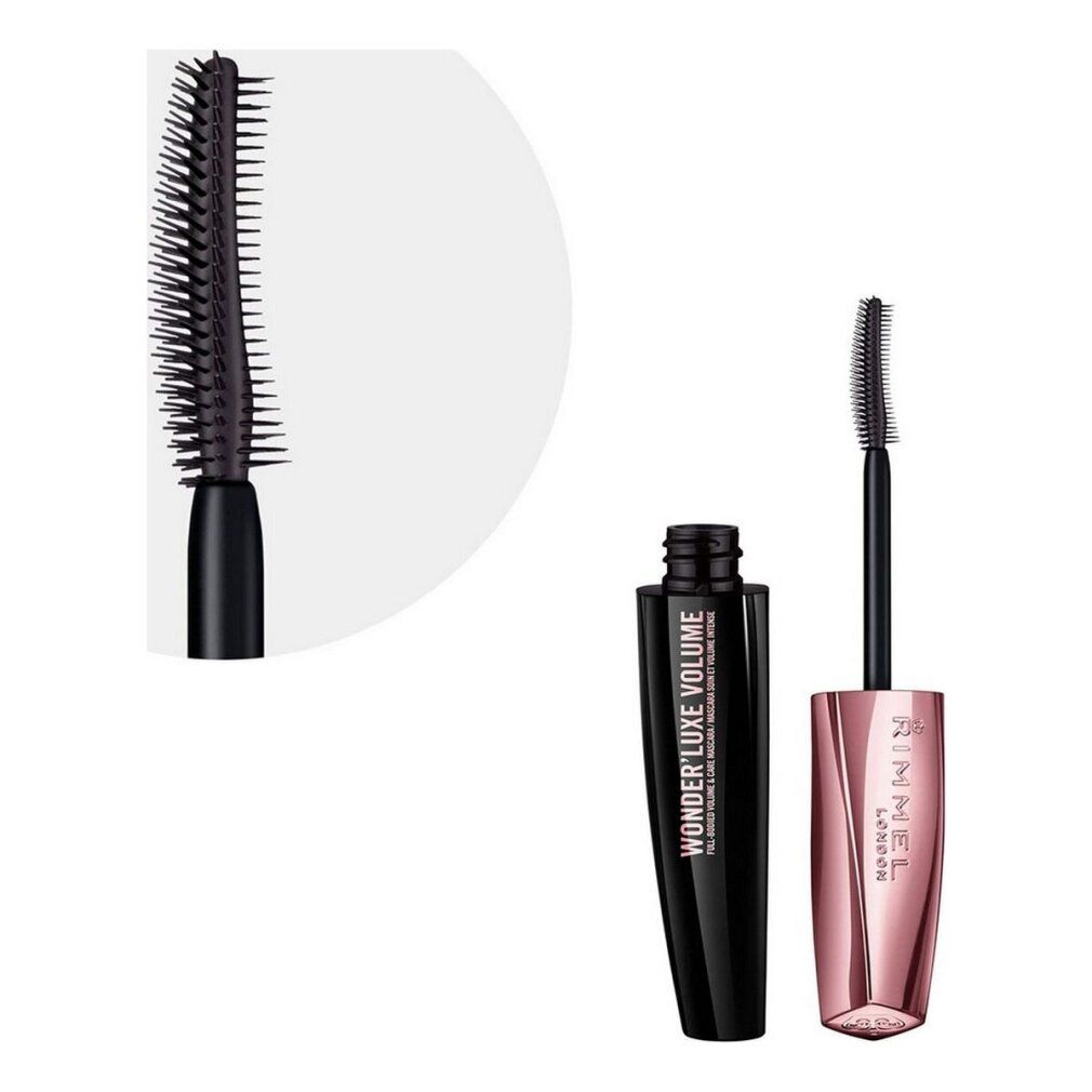 Mascara borstel en tube. Tekst: Wonder'luxe Volume. Roze gouden dop. Zwarte borstel.