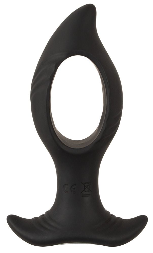 Zwarte anale plug met gat-design, brede basis en CE-markering.