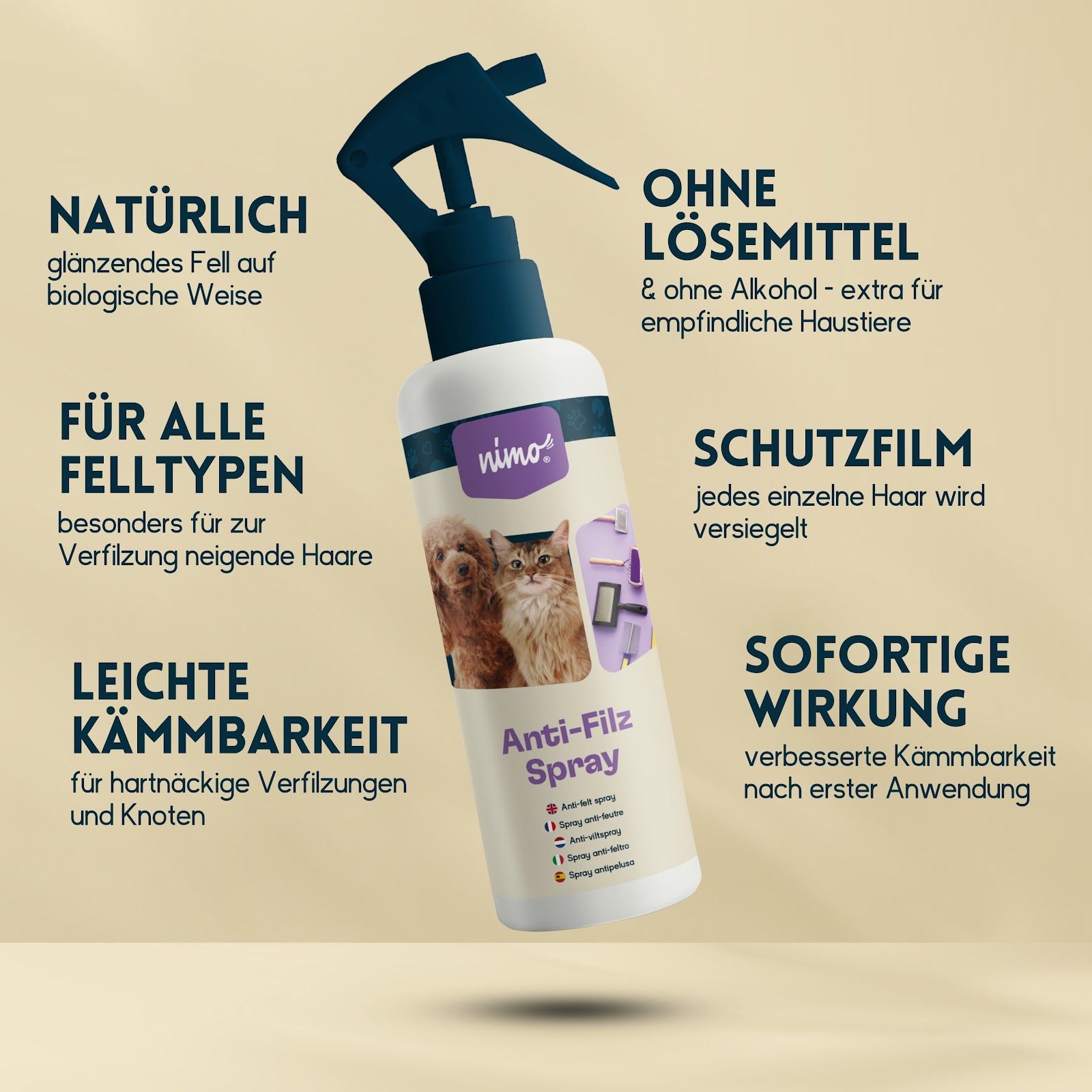 nimo® spray anti feutre pour chiens, chats • dissout le pelage feutré et facilite le démêlage