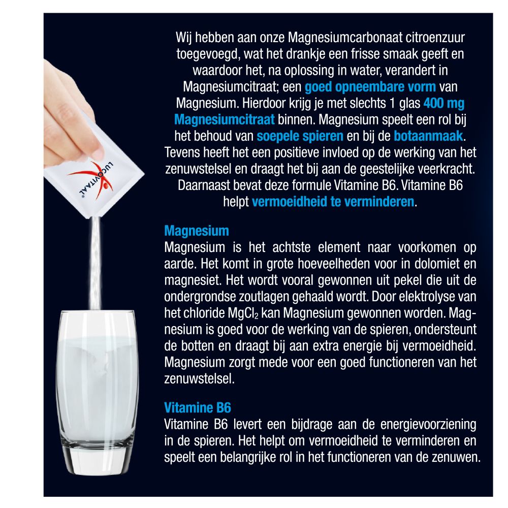 Tekstpagina met informatie over magnesiumcitraat en vitamine B6. Bevat een afbeelding van een glas met vloeistof.