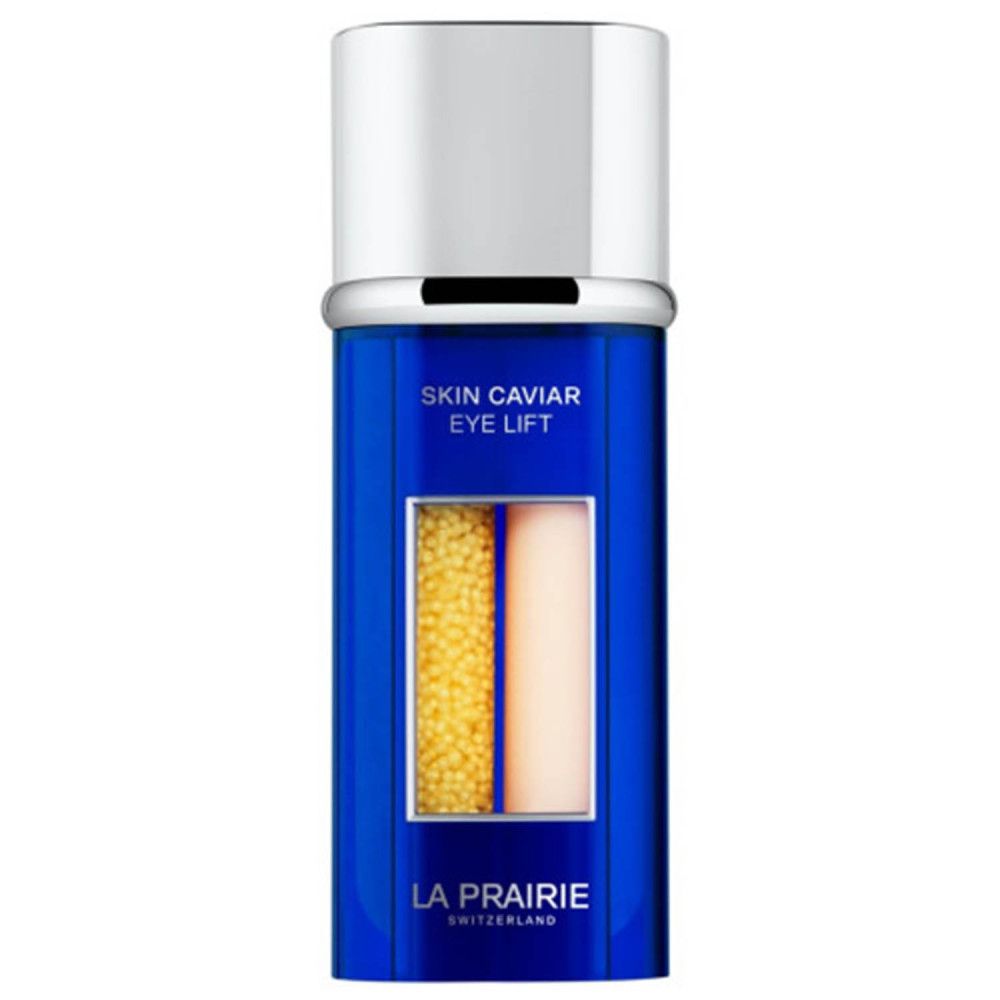 Sérum La Prairie Skin Caviar Eye Lift dans un flacon bleu avec bouchon argenté. Contient des perles jaunes et une substance crémeuse.