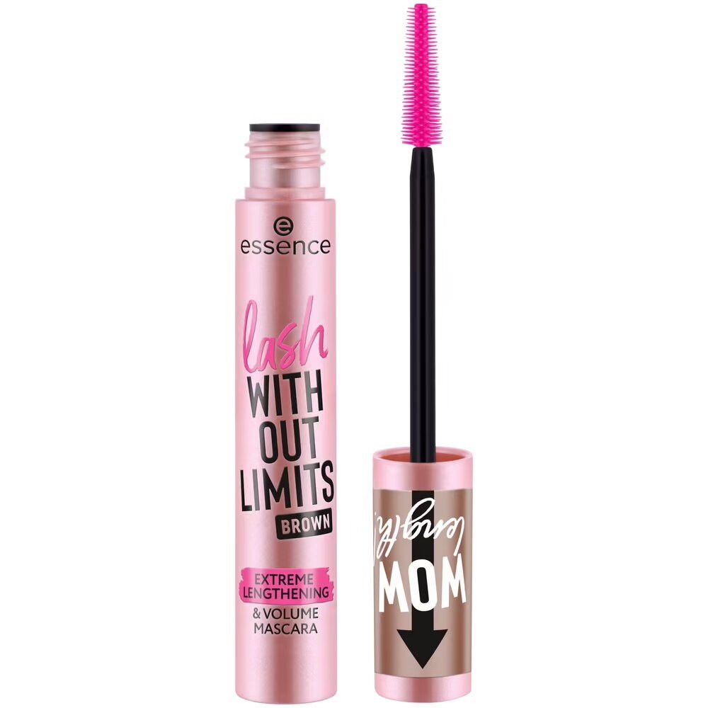 Tube de mascara rose avec inscription "Lash Without Limits" et brosse. Brosse rose, manche noir. Marque : Essence.