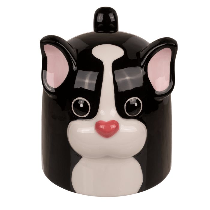 Zwarte beker, wit gezicht, roze neus, deksel. Keramiek. Vooraanzicht.