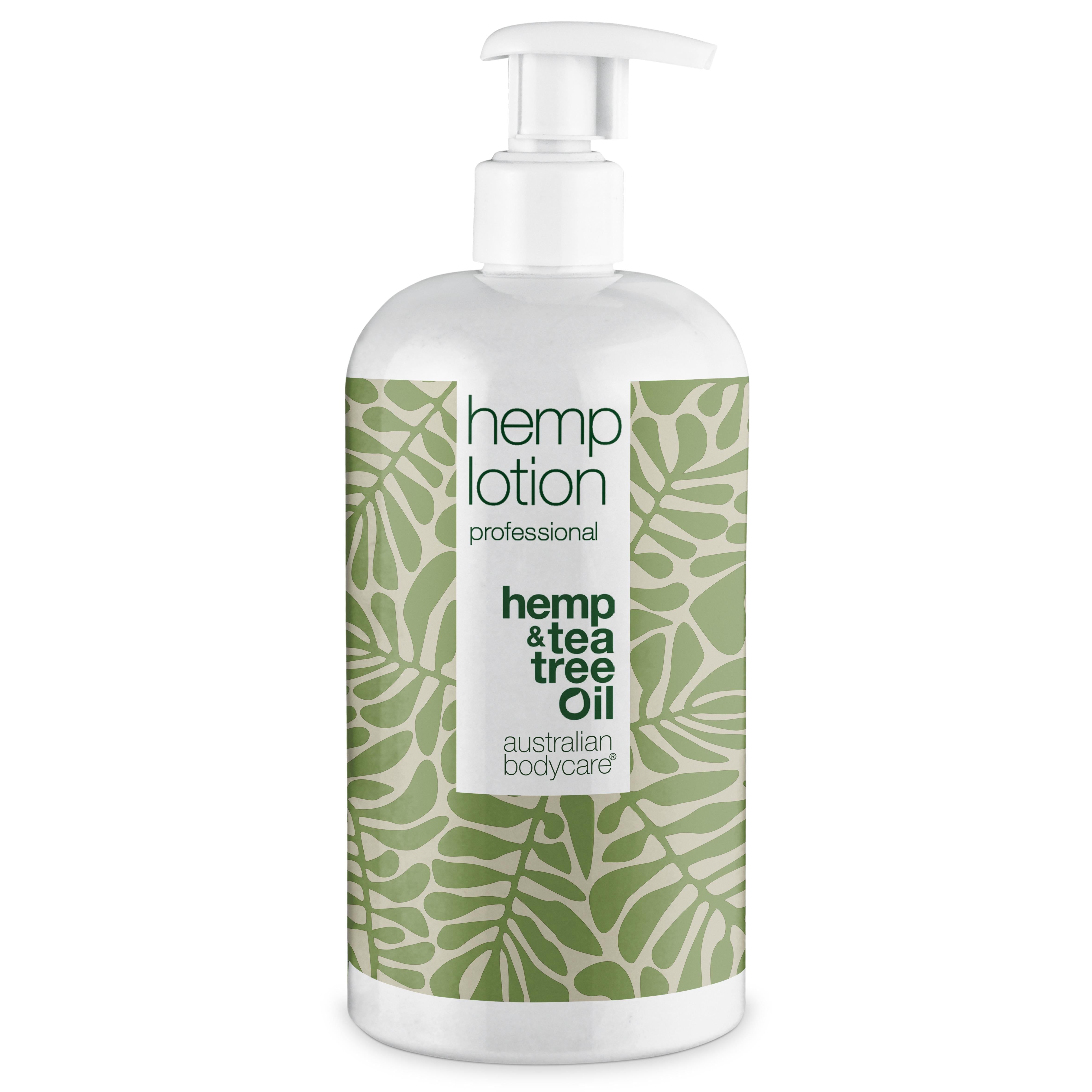 Witte fles met pomp. Opschrift: hemp lotion professional, hemp & tea tree Oil, australian bodycare.