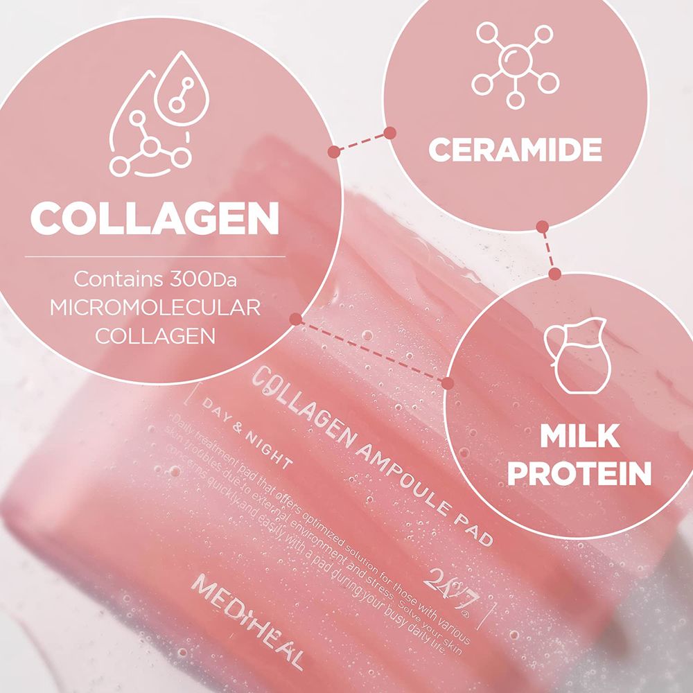 Boîte rose avec Collagen Ampoule Pad, Day & Night, 24/7 et MEDIHEAL. Graphiques avec Collagène, Céramide, Protéine de lait.