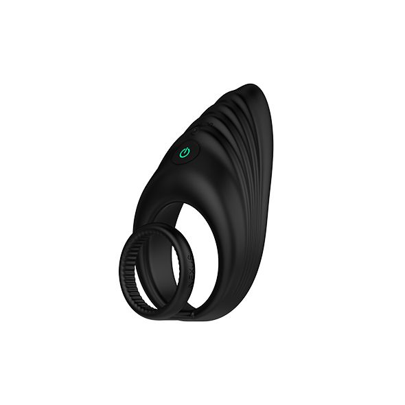 Anneau vibrant noir avec surface rainurée et bouton d'alimentation. Un petit anneau est attaché en bas.