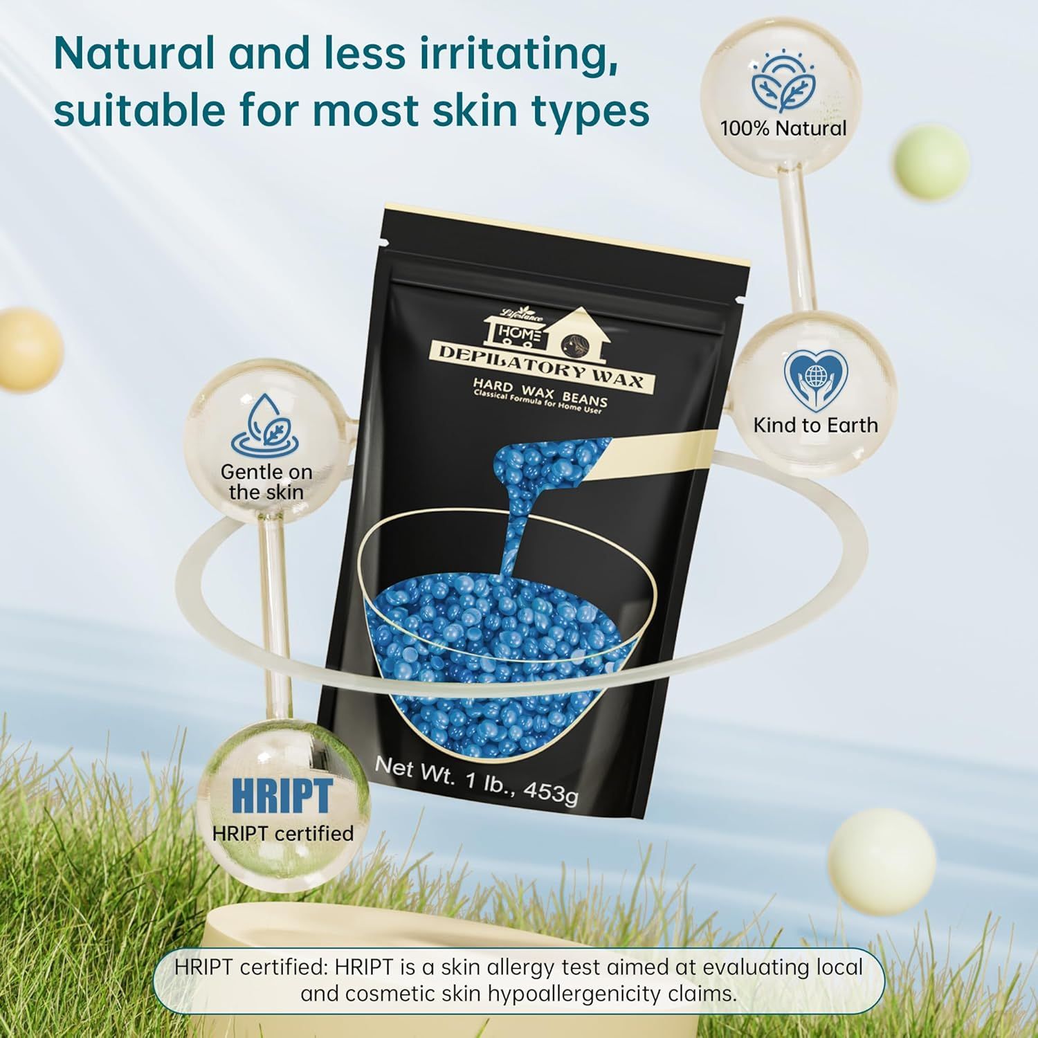 Sachet noir de perles de cire bleues. Texte : Lifestance, certifié HRIPT, doux pour la peau, 100% naturel.