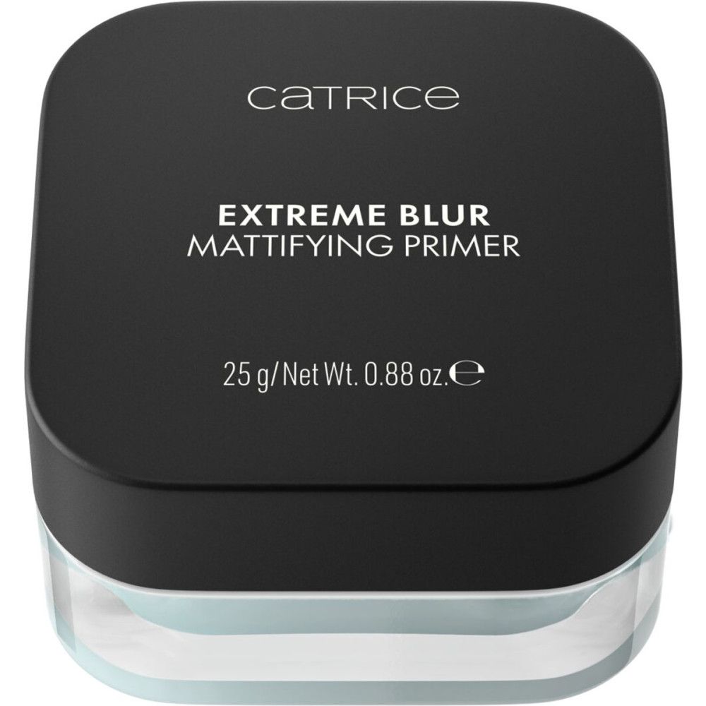 Pot fermé avec "Catrice Extreme Blur Mattifying Primer". Couvercle noir, base transparente.