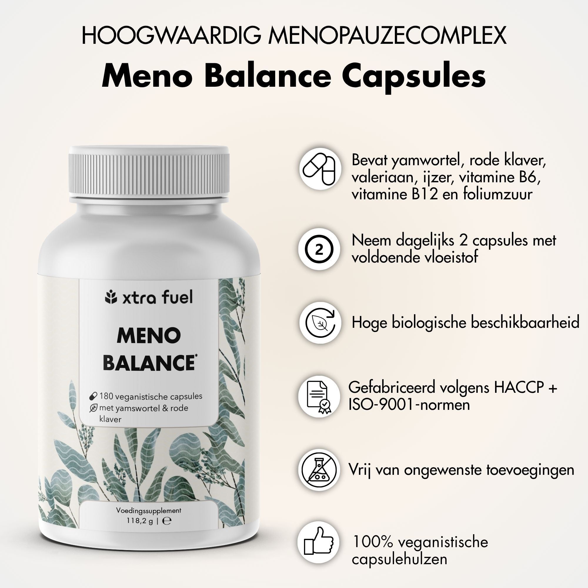 Witte fles met capsules. Opschrift: Meno Balance, xtra fuel. Tekst: 180 veganistische capsules met yam & rode klaver.