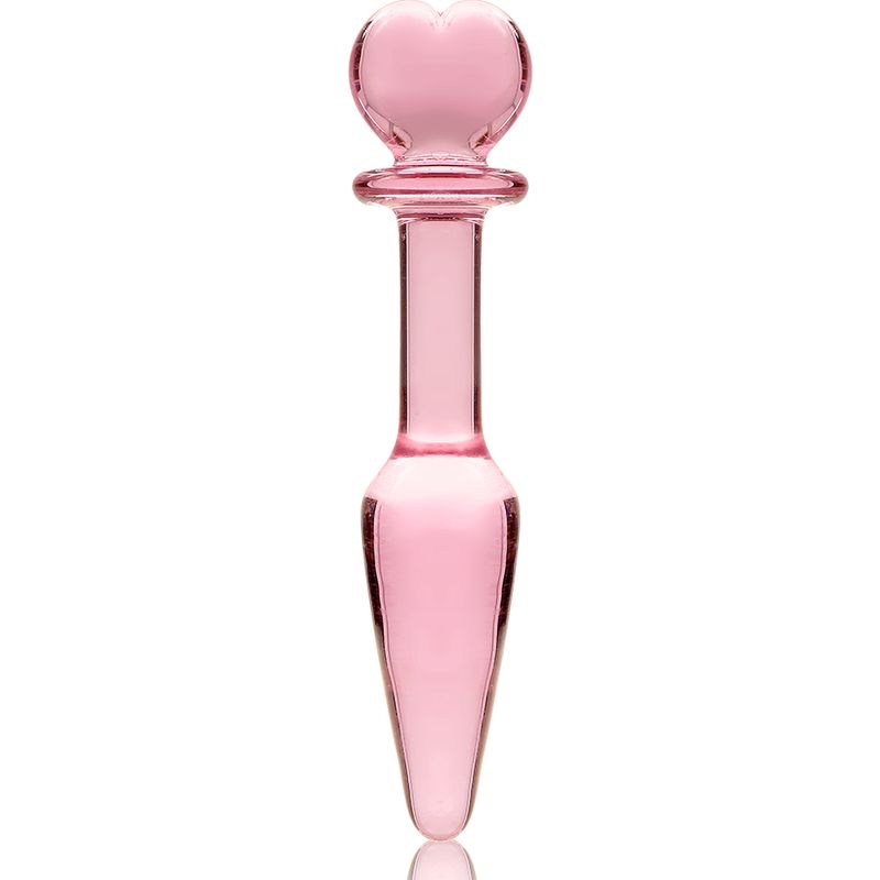 Roze anale plug van borosilicaatglas met hartvormige top, op witte achtergrond.