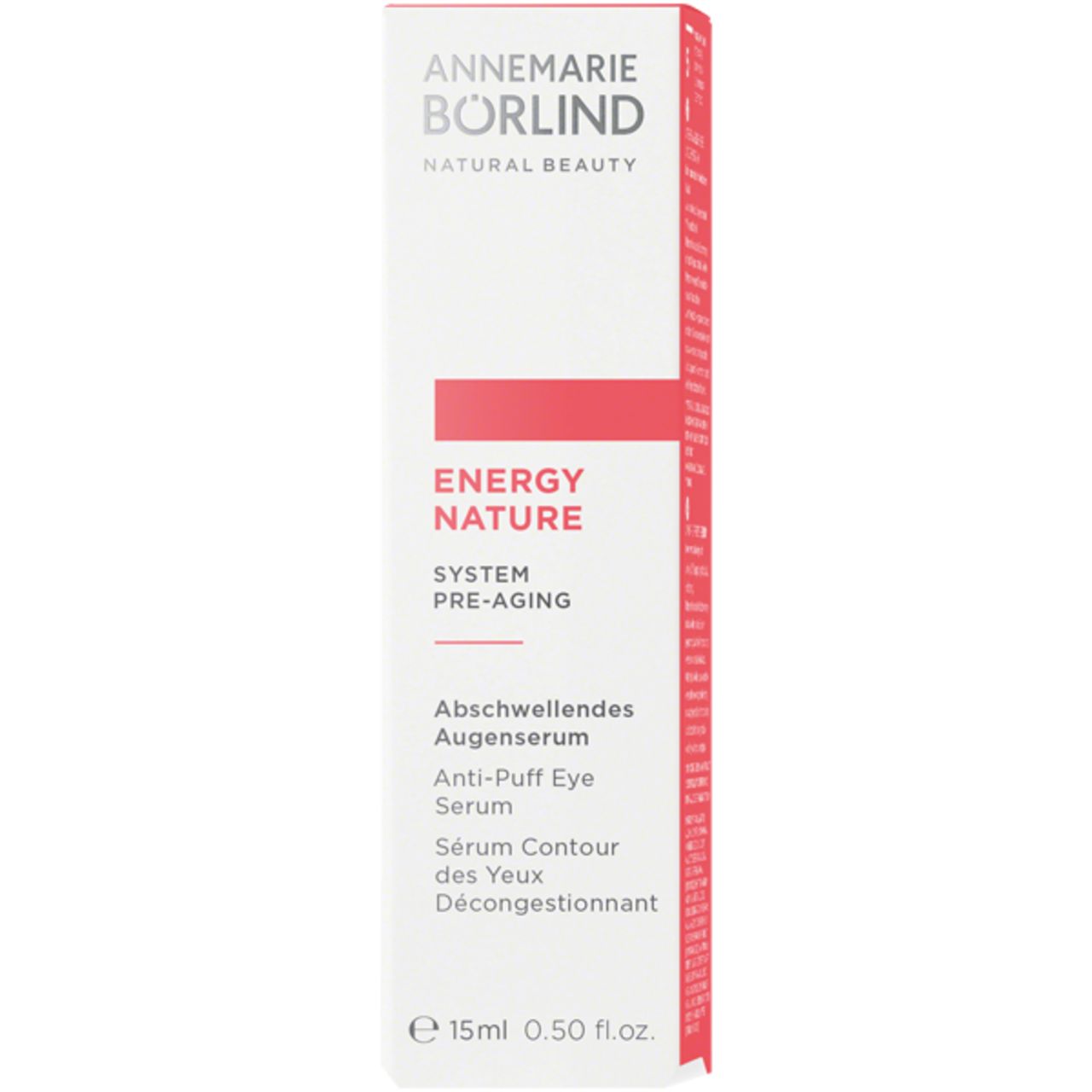 Boîte blanche avec texte rouge. Contient un sérum pour les yeux. Marque : Annemarie Börlind. Texte : EnergyNature, Sérum Contour des Yeux Décongestionnant.