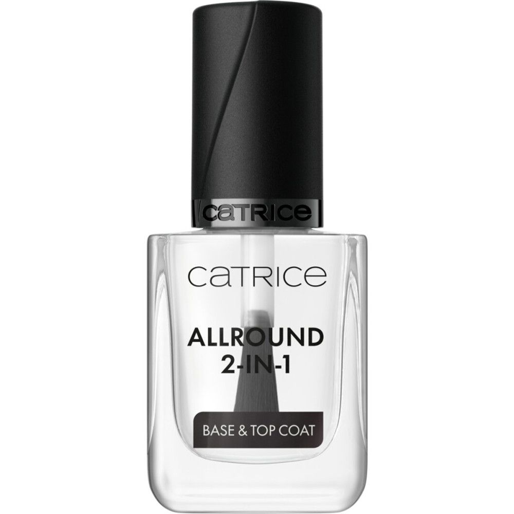 Catrice Allround 2-en-1 Base & Top Coat. Flacon transparent, bouchon noir. Nom du produit et marque visibles.