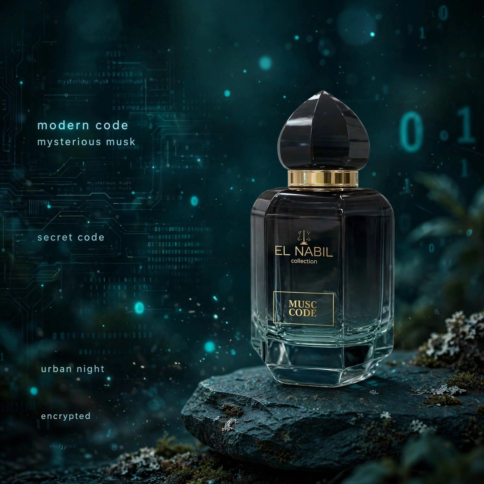 Flacon en verre noir avec anneau doré et bouchon noir. El Nabil Musc Code Eau de Parfum.