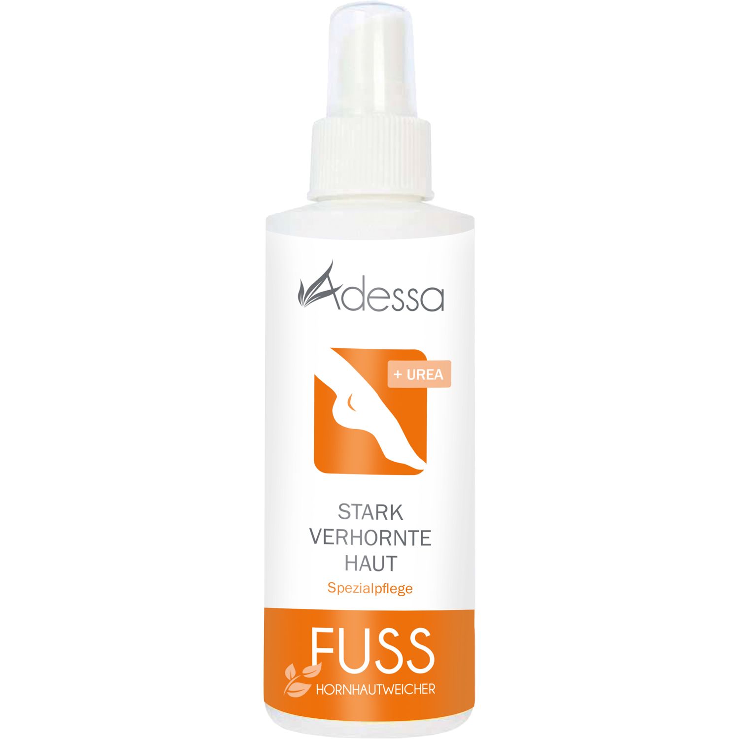 Flacon spray blanc avec étiquette. Graphique orange avec pied. Texte: Adessa, + Urée, peau très cornée, pied, adoucissant callosités.