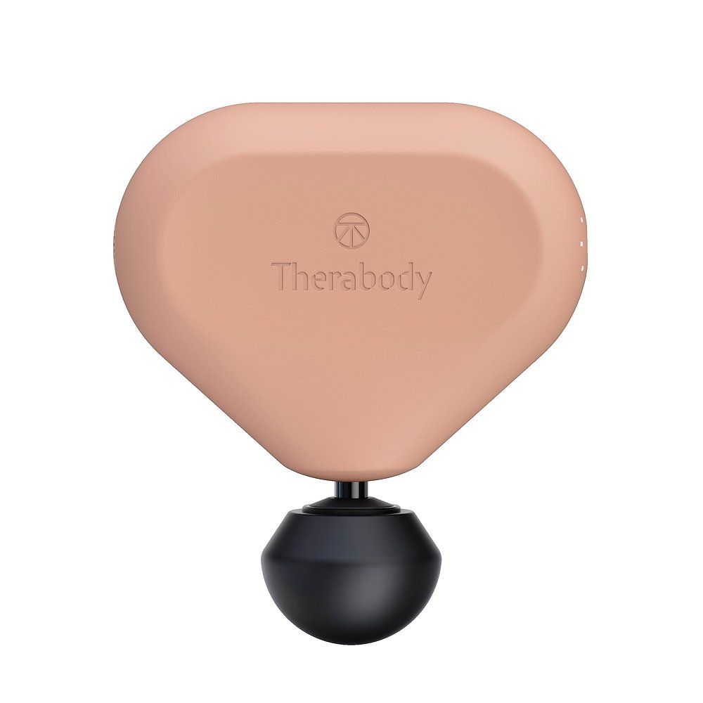 Masseur beige avec tête noire. L'inscription Therabody est visible sur l'appareil.