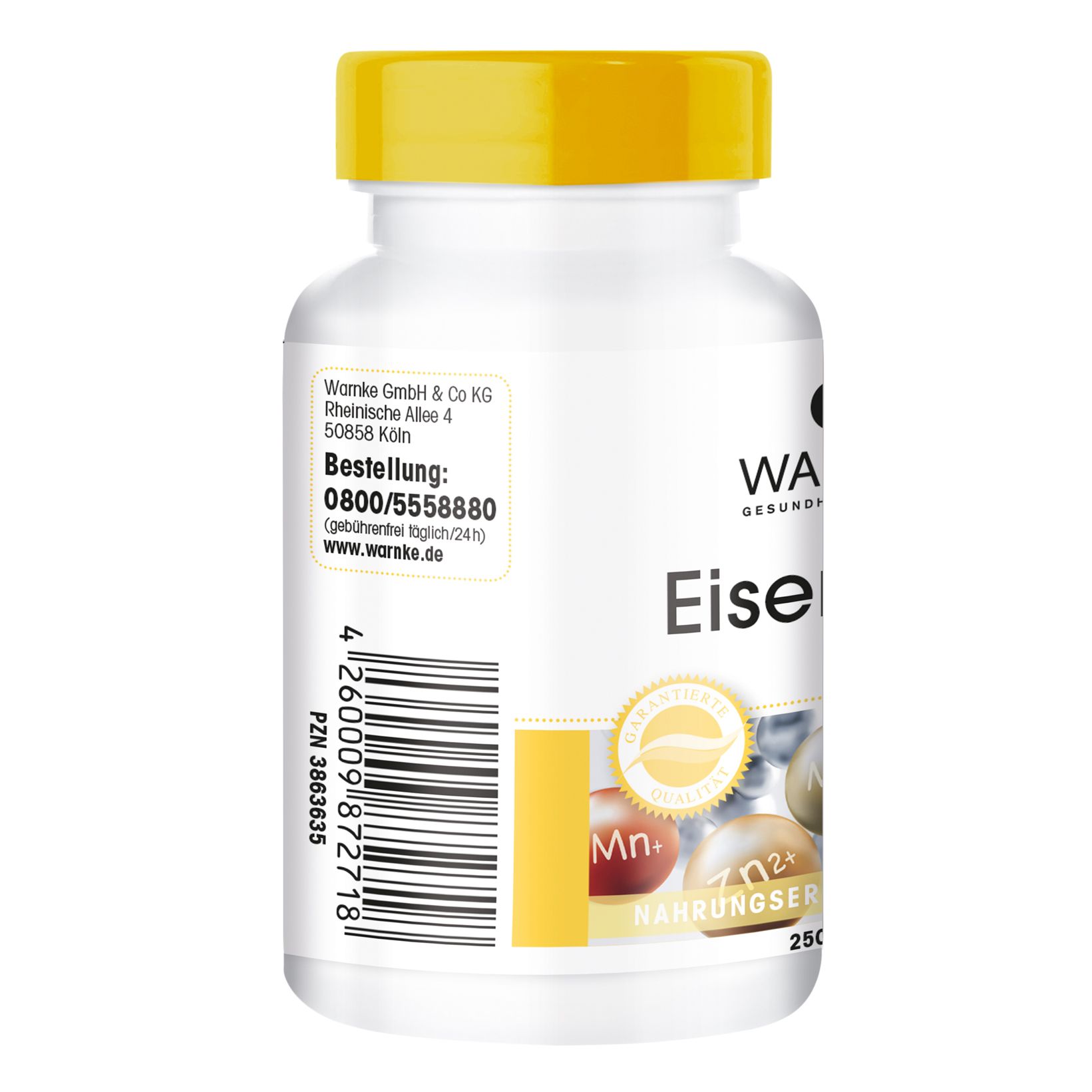Witte fles met gele dop. Achterkant met etiket. Opschrift: Warnke Eisen & C. 250 capsules. Adres en contactgegevens.