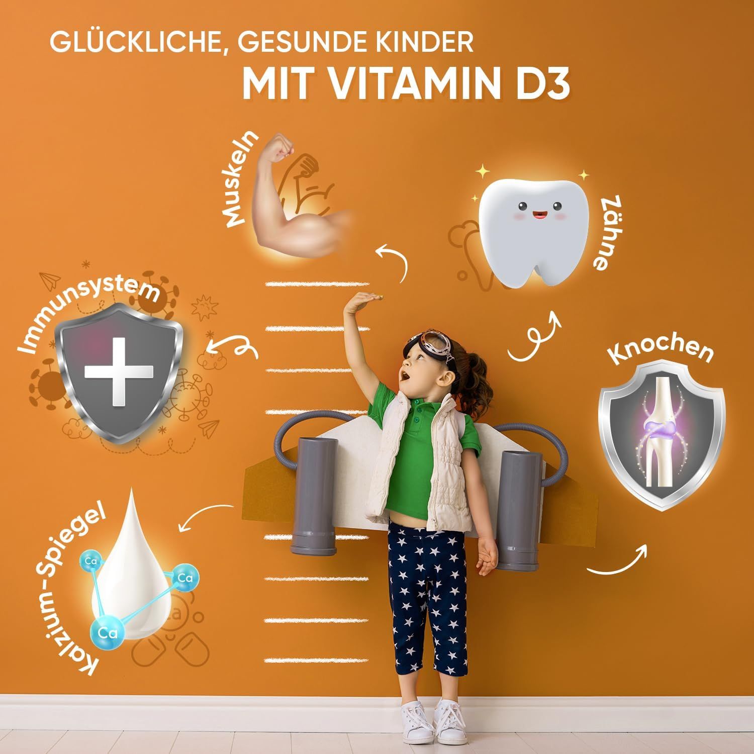 Enfant avec avion jouet. Illustrations : muscles, dents, os, système immunitaire, calcium. Texte : Vitamine D3.