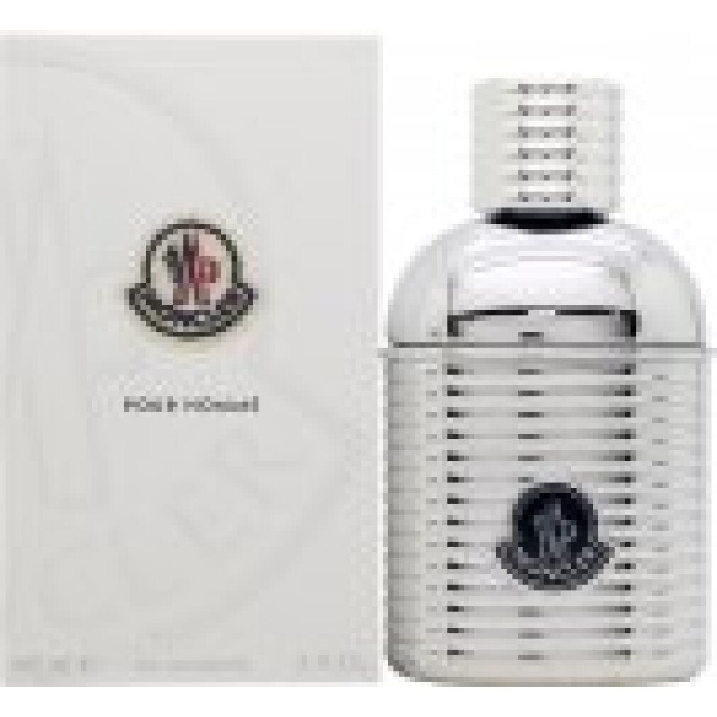 Flacon argenté et emballage. Moncler Pour Homme EDP. Logo et texte sur le flacon et l'emballage.