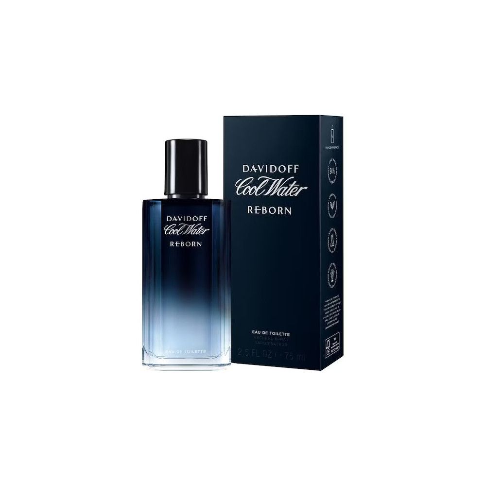 Davidoff Cool Water Reborn Man EdT Nat. Spray. Fles en verpakking. Blauw-zwarte kleurovergang. Zwarte dop.