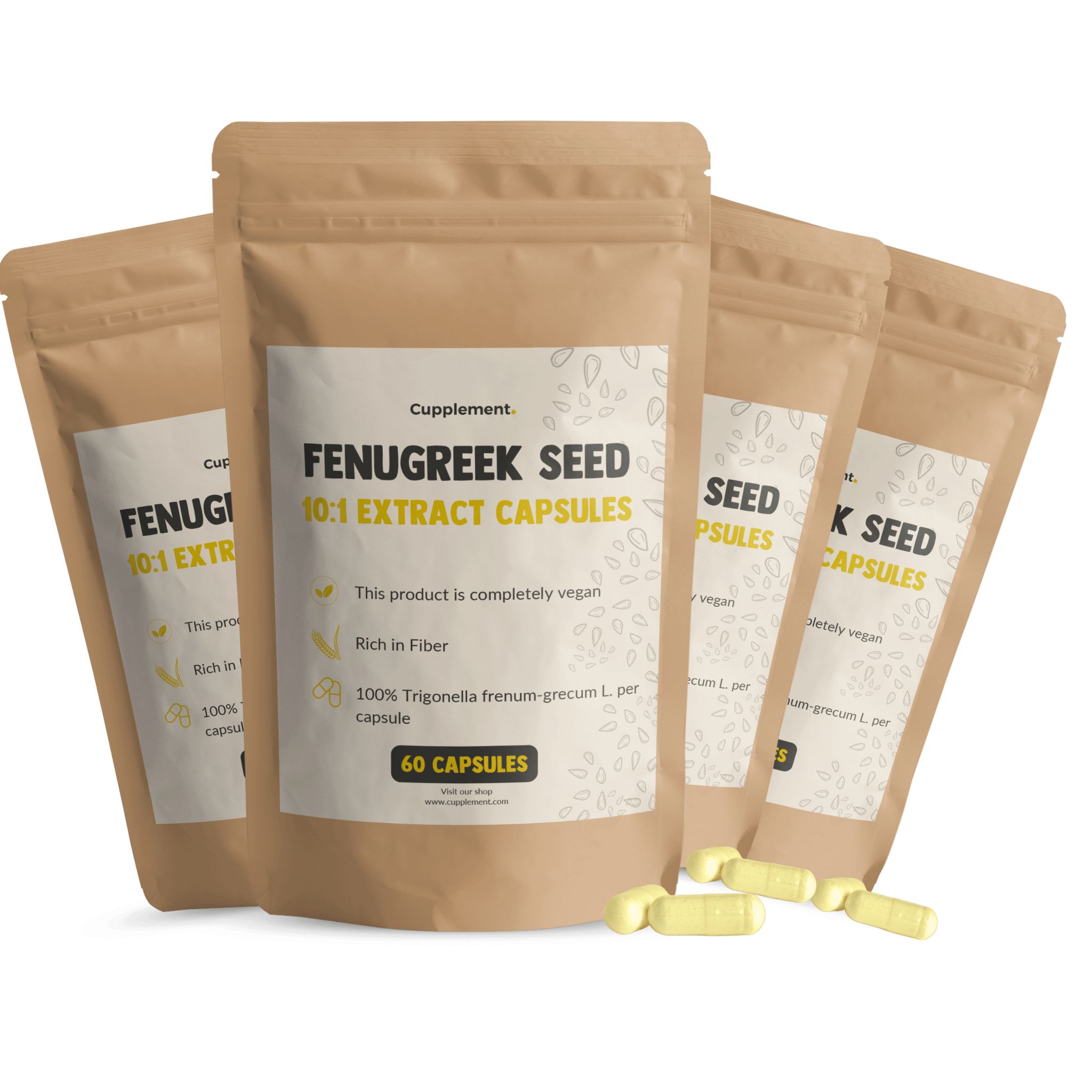 Bruine zak met capsules. Opschrift: FENUGREEK SEED, 10:1 EXTRACT CAPSULES, 60 capsules.