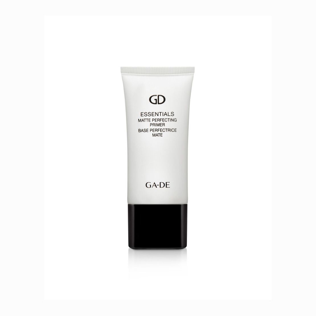 Ga-De Essentials Matte Perfecting Primer. Witte tube met zwarte basis. Tekst: GD, Essentials, Base Perfectrice Mate. Merk: Ga-De.