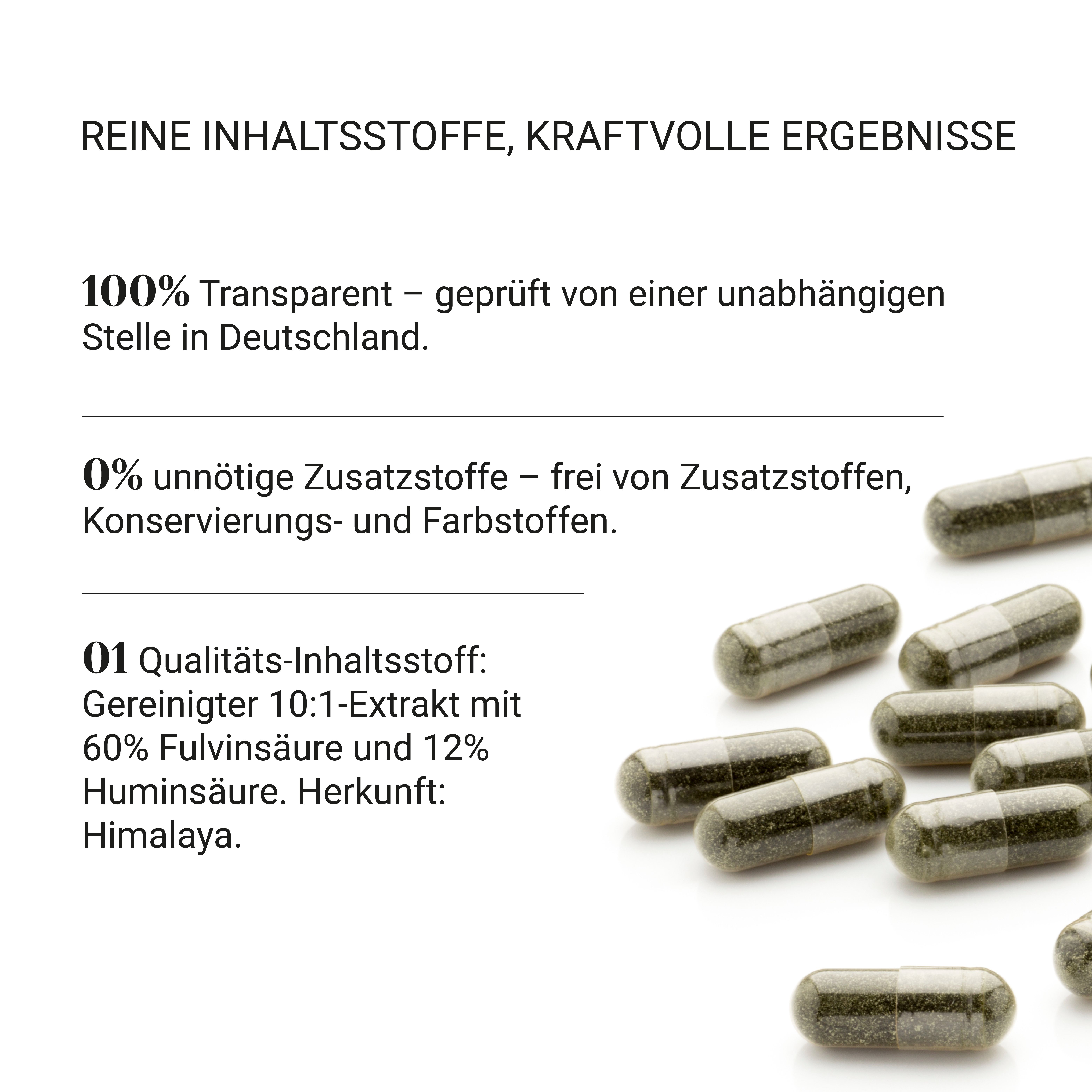 Gélules de Shilajit : Extrait 10:1 avec 60% d'acide fulvique, 12% d'acide humique. 100% transparent, testé en Allemagne. Sans additifs.