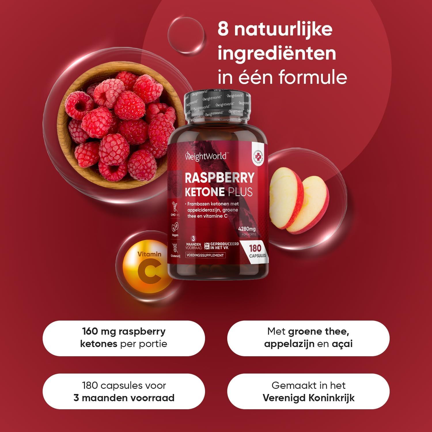 Fles Raspberry Ketone Plus met frambozen, plakjes appel en Vitamine C-symbool. Tekst: 8 natuurlijke ingrediënten in één formule.