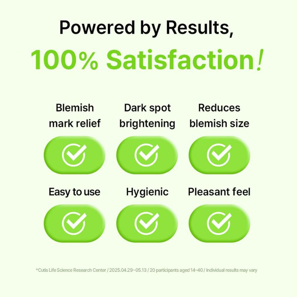 Afbeelding met groene vakjes en vinkjes. Uitspraken: Blemish mark relief, Dark spot brightening, Reduces blemish size, Easy to use, Hygienic, Pleasant feel.