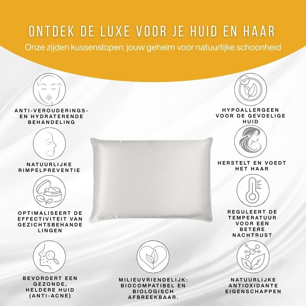 Wit kussen met tekst en symbolen. Kenmerken: anti-aging, hypoallergeen, gevoelige huid.